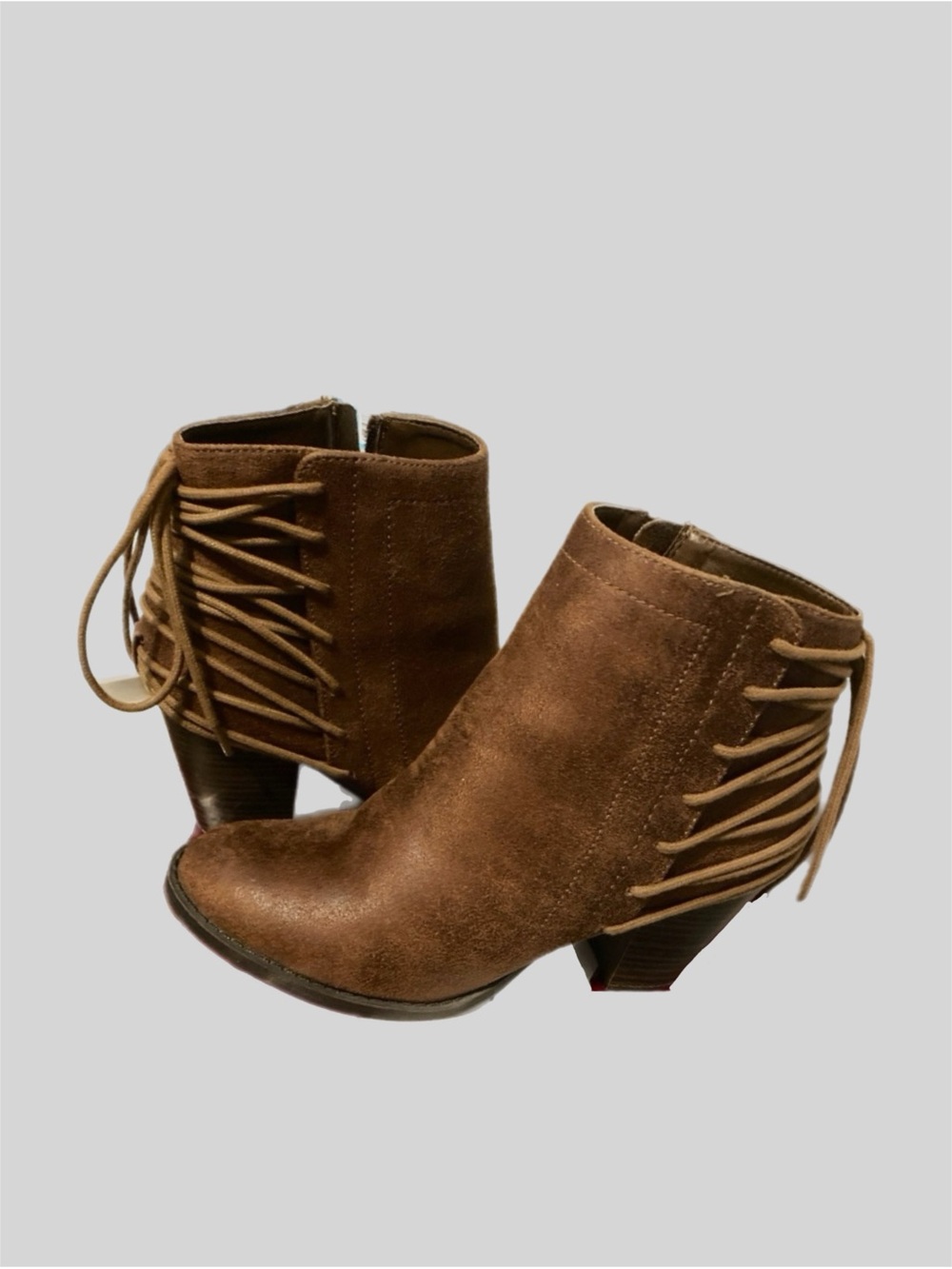 Madden Girl Cassy Ankle Bootie 7 Brown Block Heel Side Zip w/ Back Wrap Straps
